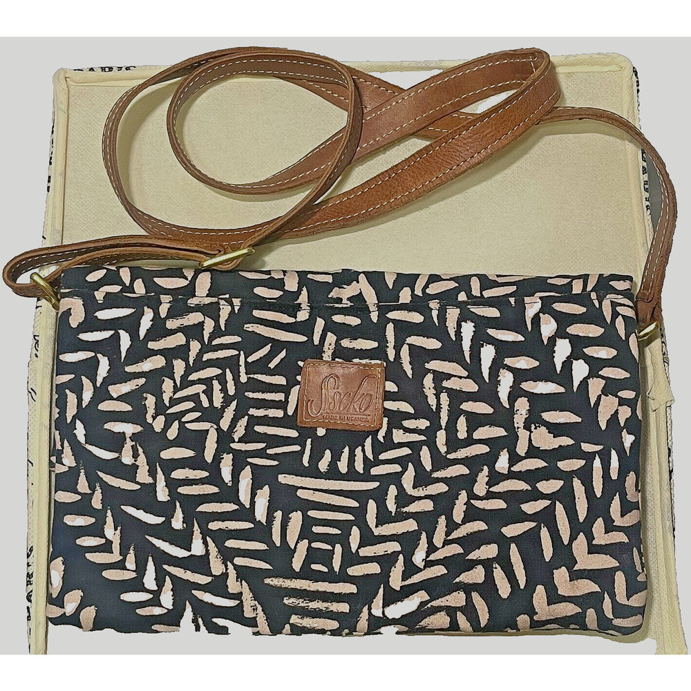 Sseko Folder Over Crossbody Or Clutch, Kawa Pattern Swahili/Coffee Uganda Made
